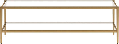 Henn&Hart 54" Wide Rectangular Coffee Table with Glass Shelf in Antique Brass, Modern coffee tables for living room, studio apartment essentials