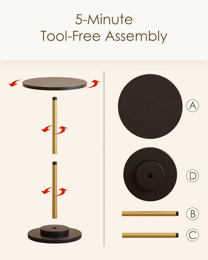 Masupu Drink Table, Round Side Table for Small Spaces, Pedestal Side Table, Small End Table with Metal Base, for Living Room, Bedroom, Bathroom, Black Gold