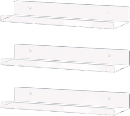 Weiai Clear Acrylic Shelf 15" Invisible Floating Wall Ledge Bookshelf, Kids Book Display Shelves Wall Mounted (15 Inch 3Pack)