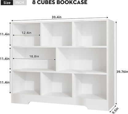 Book Shelf Set of 2, 8 Cubes Storage Organizer, 3-Tier Open Bookshelf Wooden Bookcase, Freestanding White Bookshelf Cube Shelf for Bedroom, Living Room
