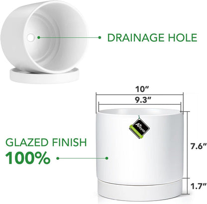 Aveyas 10 inch Ceramic Plant Pot with Drainage Hole and Saucer - Suitable for Indoor and Outdoor Use, Modern Planters for House Garden Flower Tree Snake Monstera Plants (10", Matte White)