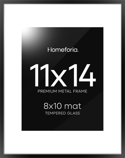 Homeforia Black 11x14 Picture Frame, High End Metal 11x14 Poster Frames with Mat 8x10, 11 x 14 Black Frame Matted to 8 x 10 inch Photo, 11 by 14 Thin Hanging Frames, Tempered Glass, Wall Kit, Set of 1