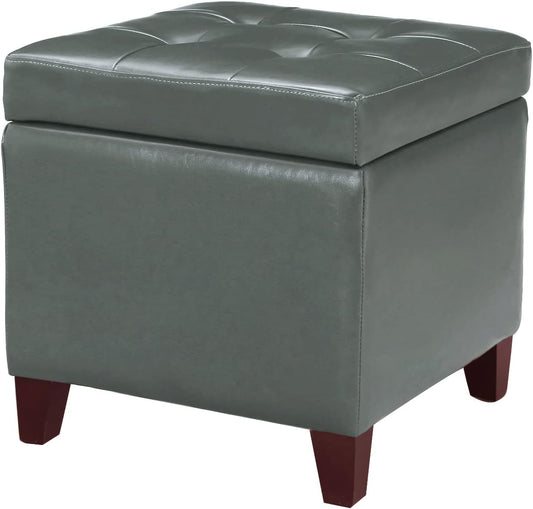 Adeco Bonded Leather Square Tufted Cubic Cube Footstool, 18" Height Storage Ottomans, with Lid, Cement Grey