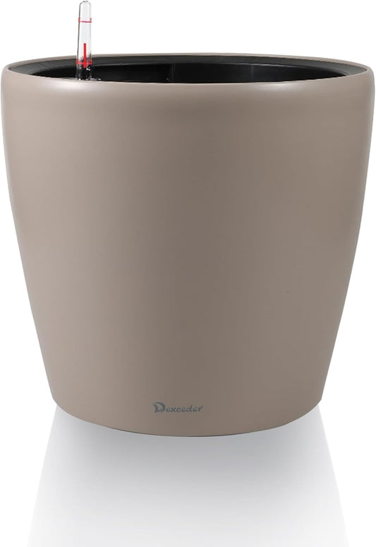 Dexceder 11x10 Inches Self Watering Planter Indoor Outdoor, Inner Pot Design, Thickened Table Flower Plant Pot with Water Level Indicator (Taupe Matte)