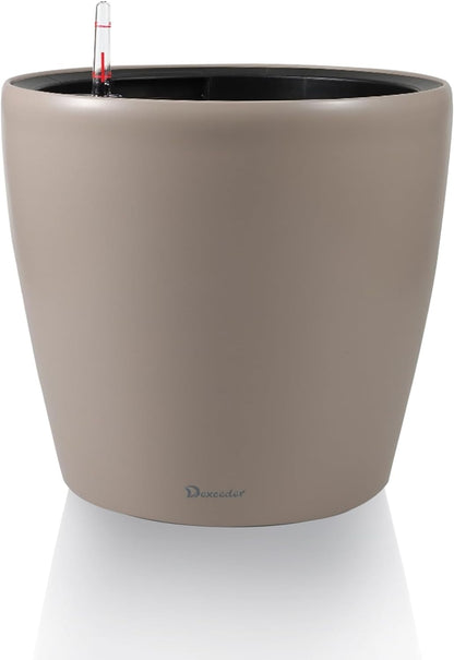 Dexceder 9x8 Inches Self Watering Planter Indoor Outdoor, Inner Pot Design, Thickened Table Flower Plant Pot with Water Level Indicator (Taupe Matte)