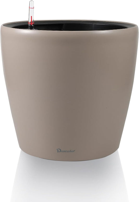 Dexceder 9x8 Inches Self Watering Planter Indoor Outdoor, Inner Pot Design, Thickened Table Flower Plant Pot with Water Level Indicator (Taupe Matte)
