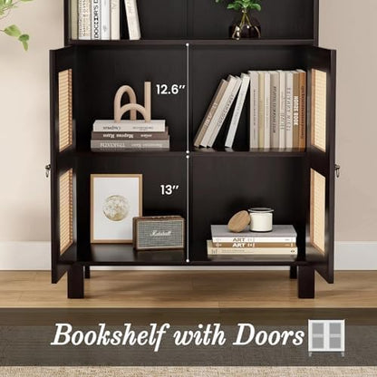 Tall Bookshelf, 5-Tier Book Shelf with 2 Rattan Doors, Freestanding Bookcase Display Shelves with Large Storage, Book Case for Living Room, Office, Study, Bedroom, 70.9 Inch