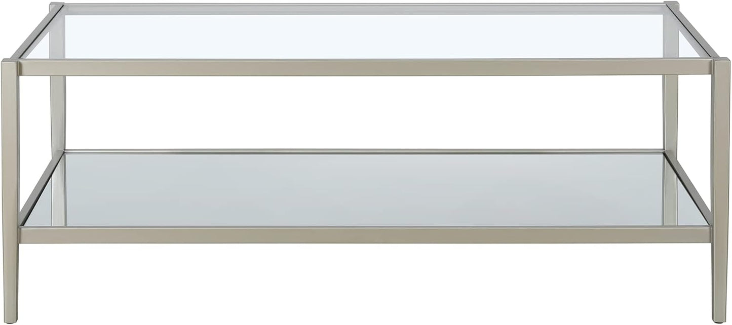 Henn&Hart 45" Wide Rectangular Coffee Table with Mirror Shelf in Satin Nickel, Coffee Table coffee tables for living room, studio apartment essentials