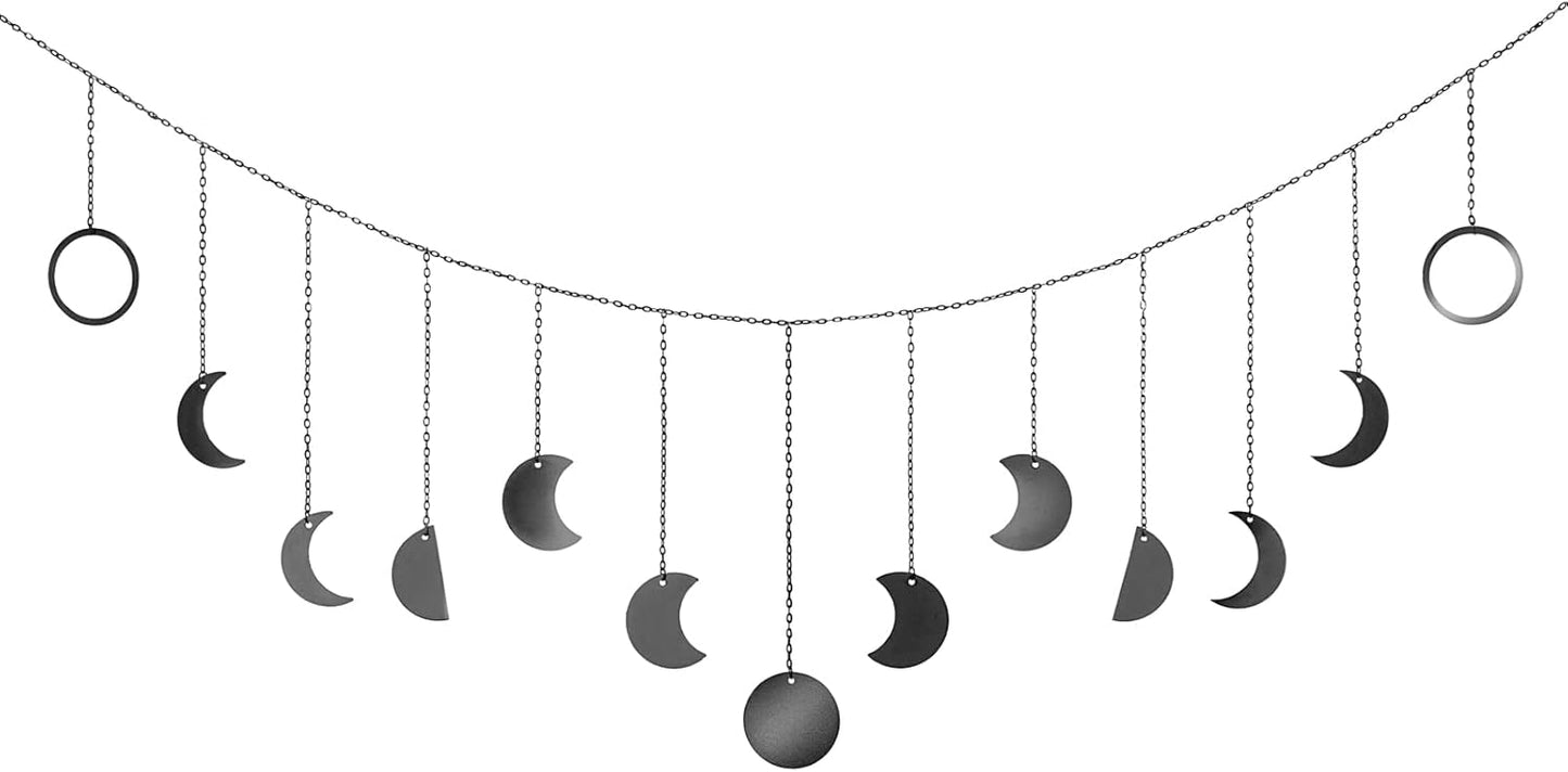 Mkono Moon Phase Wall Hanging Boho Aesthetic Room Decor Metal Moons Garland Hanging Art Bohemian Home Decoration for Girls Room Nursery Bedroom Livingroom Dorm, Ideal, Black, 55"