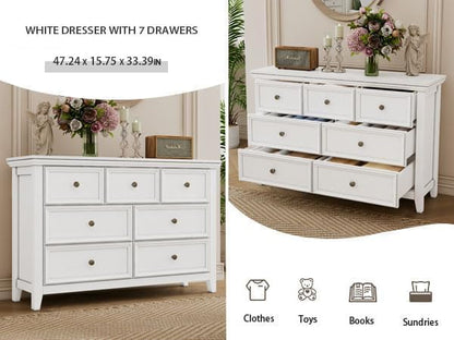 BLANKSPACE White 7 Drawer Dresser, Modern Dresser for Bedroom, Wood Drawer Organizer with Metal Knobs, Large Capacity Wood Cabinet for Bedroom