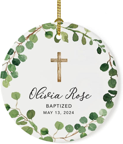 Andaz Press Personalized Baptism Ornament 2025, Round Ceramic Porcelain Baptism Christmas Ornament, Olivia Rose Carter Baptized May 1, 2025, Farmhouse Eucalyptus Wreath, 1-Pack Custom