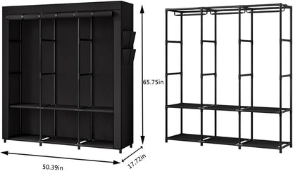 SORCEDAS Portable Closet Wardrobe Storage Organizer Metal Hanging Rack Non-Woven Fabric 50 Inch (Black)