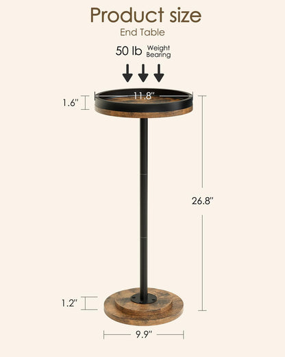 Masupu Drink Table, Round Side Table for Small Spaces, Pedestal Small End Table with Metal Base, for Living Room, Bedroom, Bathroom, Rustic Brown+Black(Lip)