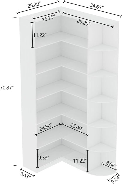 Loomie White Book Shelf, 6 Tiers Shelf Large Tall Corner Etagere Bookcase with Full Baffle, L-Shaped Modern Storage Display Industrial Bookshelves for Bedroom, Home Office, Living Room & Kitchen