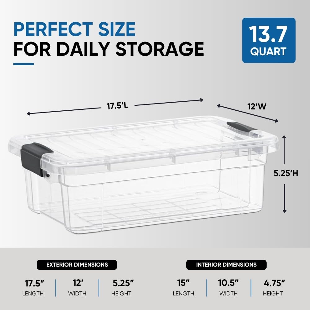 Superio Clear Storage Box with Lid, 13.7 Qt Plastic Container Bins for Organizing, Stackable