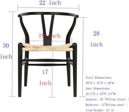 Tomile Solid Wood Wishbone Chair Y Chair Mid-Century Armrest Dining Chair, Hemp Seat (Ash-Black Frame + Natural Cord)