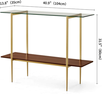Glass Console Table for Living Room, Foyer & Entrance, 2-Tiers Mid-Century Modern Sofa Table with Clear Glass Top, Walnut Finish Wood Top and Gold Finish Metal Frame