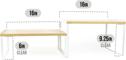 Mitus Shelf Organizer and Storage, Stackable Tiered Wood Cabinet Rack for Countertops, Desktops, Cabinets (Set of 2) 16" Wide Natural Oak and White
