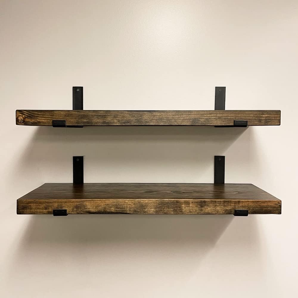 Rustic Shelves with J-Brackets Set of 2, Industrial Shelf, Kitchen Shelves, Solid Wood, Decorative Wall Storage, Heavy Duty, URBANDI (Dark Brown, 48Wx12D)