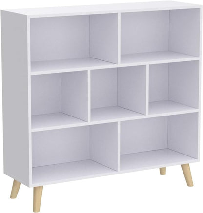 IOTXY Wooden Open Shelf Bookcase - 3-Tier Floorstanding Display Cabinet Rack with Legs, 7 Cubes Free Standing Bookshelf, Warm White