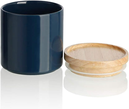 Sweejar Kitchen Canisters Ceramic Food Storage Jar, Stackable Containers with Airtight Seal Wooden Lid for Serving Ground Coffee, Tea, Sugar, Salt and More - 16 Fl Oz (Navy New)