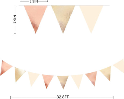 Rose Gold Champagne Gold Beige Party Decorations Metallic Fabric Triangle Flag Pennant Banner Garland Bunting for Engagement Bridal Shower Wedding Birthday Baby Shower Graduation Decoration Supplies