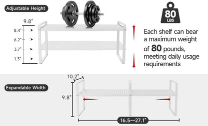 Hole Pattern Expandable Shelf Organizer,2Pack 8.1" Wide Easy to Assemble Cabinet Organizer Shelf, 16.5~27.1" Adjustable Height&Stackable Spice Organization for Cupboard, White