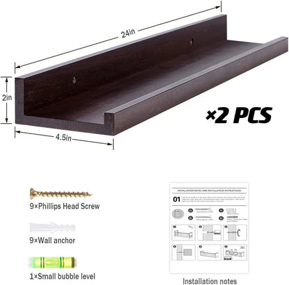 AZSKY Floating Book Shelves Wall Mounted Photo Shelf Picture Ledge Deep Walnut Display Shelves for Home Living Room Bedroom Bathroom Office Set of 2
