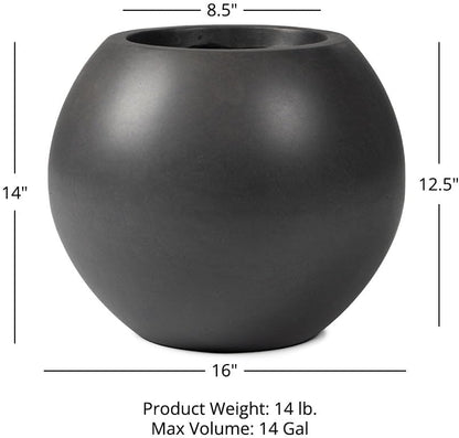 Ash & Ember Onyx 16" D Ceramic Indoor Outdoor Round Sphere Planter, Charcoal, Home Décor Evergreen Weather Resistant Modern Planter Pot, Seamless Herb & Seasonal Flower Garden Box