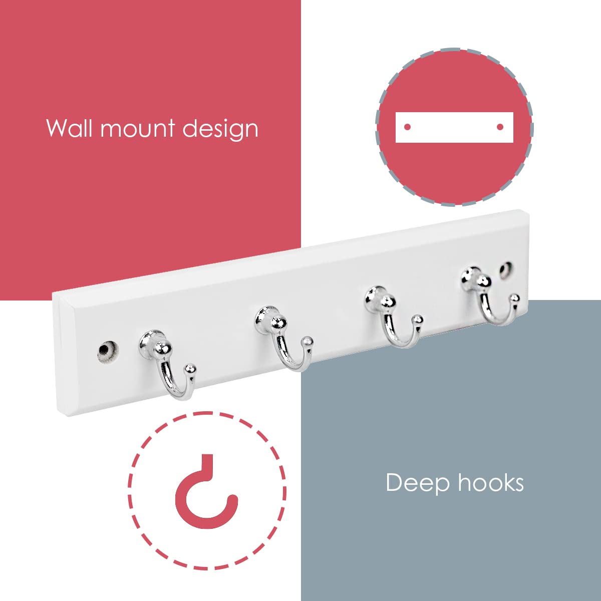 Wall-Mounted Key Hanger for Wall (White), by Home Basics | Includes 4 Key Hooks | MDF and Steel Key