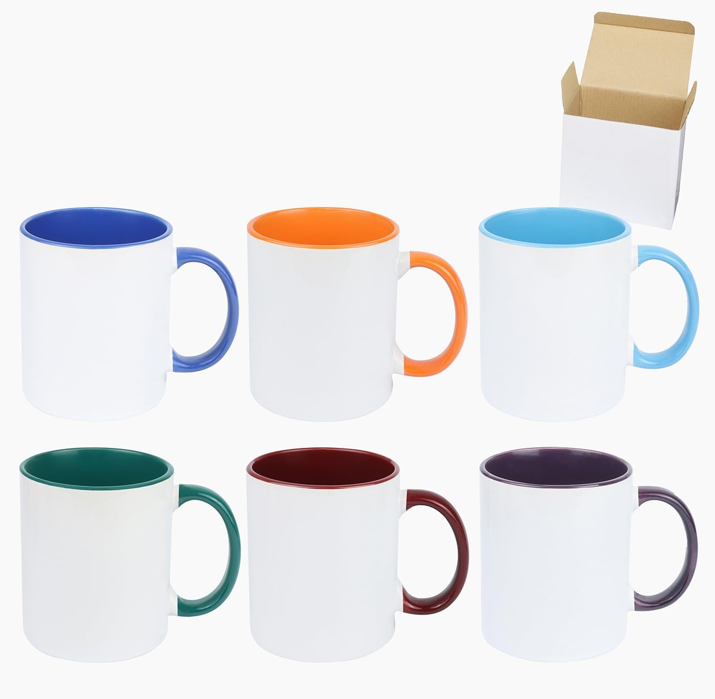 11oz White Ceramic Sublimation Coffee Mug in White Gift Box, 6 New Mixed Colors, Case of 6