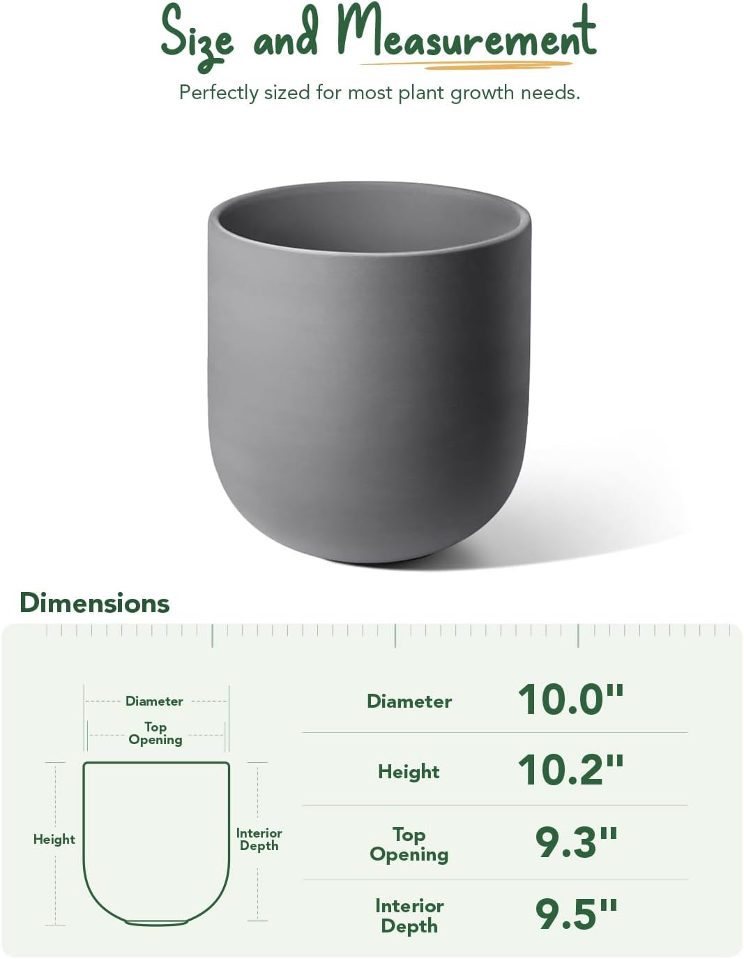 LE TAUCI 10 Inch Plant Pot, Ceramic Pots for Plants with Drainage Hole and Rubber Plug, Plant Pots Indoor for Home Garden Patio Office, Cylinder Planters for Indoor Plants, Charcoal Gray