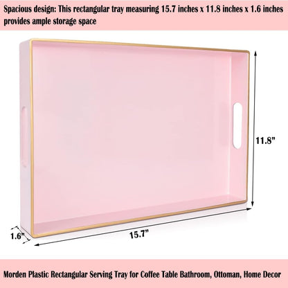 Large Pink Rectangular Decorative Tray – Plastic Serving Tray with Handles for Coffee Table, Ottoman, Living Room, 15.7” x 11.8” x 1.6