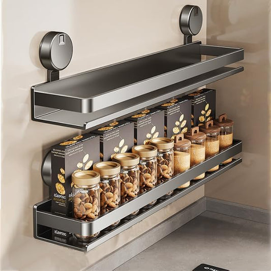 Spice Rack wall mounted 2 Pack,Suction Cups Spice Organizer for Cabinet,Large Capacity Metal Spice Shelf for Kitchen Cabinet, Pantry Doors, Bathroom, Shower, Home Decor(11.8 inch)