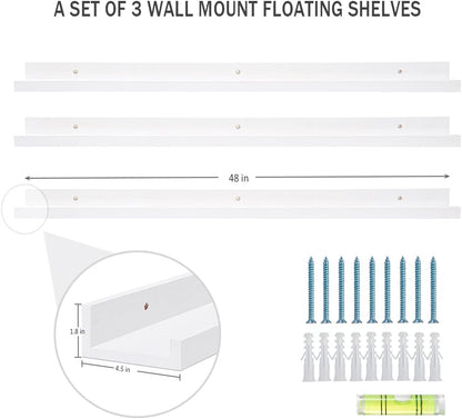 AZSKY 48 Inch White Large Picture Ledges Wood Photo Display Shelf Long Shallow Picture Shelf for Pictures with Lip Wall Mounted Set of 3 for Living Room Bedroom Bathroom Kitchen Same Sizes