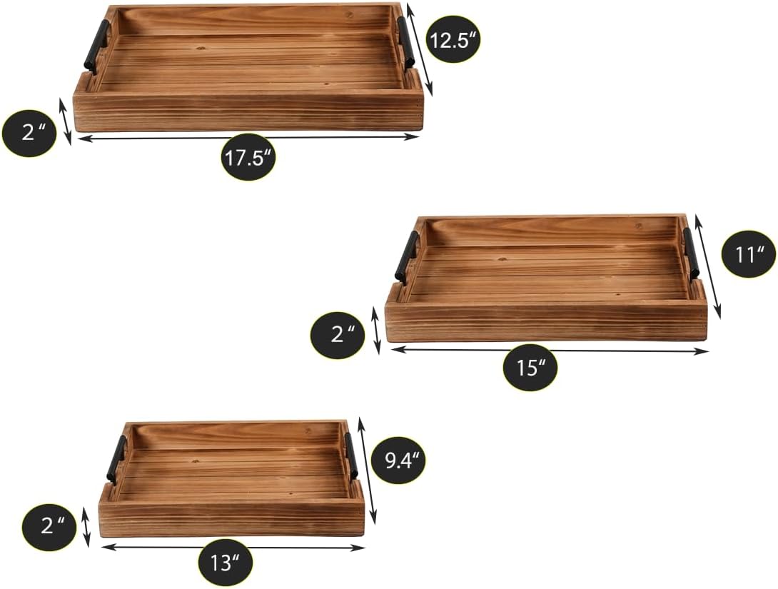 3 Piece Coffee Table Tray Decorative Nested Vintage Wood Serving Tray Set for Eating, Breakfast, Party, Kitchen, Ottoman,Tea Coffee Table Large Ottoman Trays