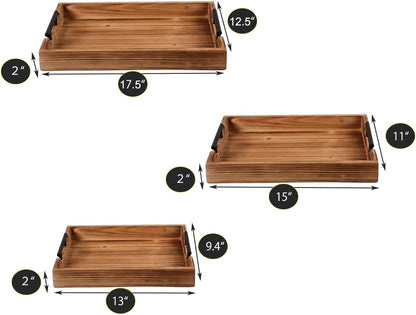 3 Piece Coffee Table Tray Decorative Nested Vintage Wood Serving Tray Set for Eating, Breakfast, Party, Kitchen, Ottoman,Tea Coffee Table Large Ottoman Trays