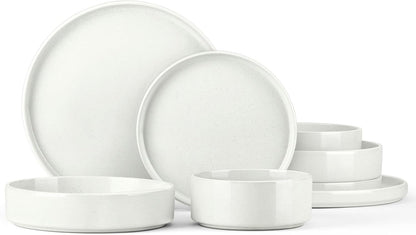 Stoneware Dinnerware Sets for 2, Onader Speckled Plates and Bowls, 8 Pieces Ceramic Dish Dinner Set with Pasta Bowl, Microwave & Dishwasher Safe - Cloud White