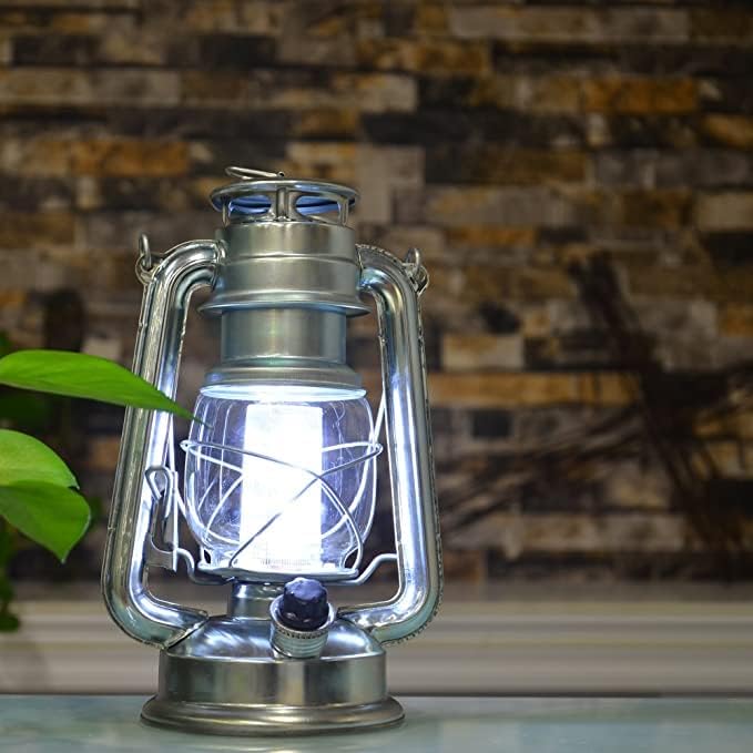 YAKii LED Vintage Metal Hanging Hurricane Lantern - 12 LED Dimmer Switch, Cold White Battery Operated for Power Outage Indoor Camping Outdoor Decoration (Silver Pack of 8)