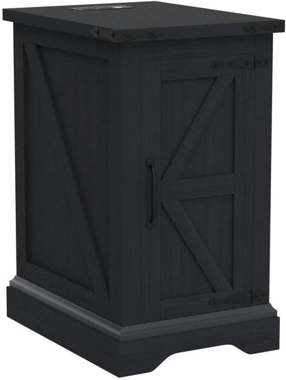 JXQTLINGMU Nightstand with Charging Station, Rectangular Farmhouse End Table with Barn Door and Adjustable Storage Shelf, 17" Deep Wood Rustic Sofa Side Table for Living Room, Bedroom, Black