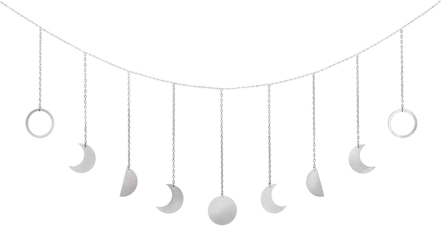 Mkono Moon Phase Wall Hanging Boho Aesthetic Room Decor Metal Moons Garland Hanging Art Bohemian Home Decoration for Girls Room Nursery Bedroom Livingroom Dorm, Ideal, Silver, 50"