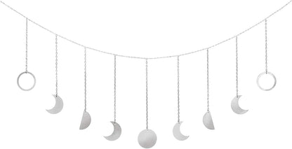 Mkono Moon Phase Wall Hanging Boho Aesthetic Room Decor Metal Moons Garland Hanging Art Bohemian Home Decoration for Girls Room Nursery Bedroom Livingroom Dorm, Ideal, Silver, 50"