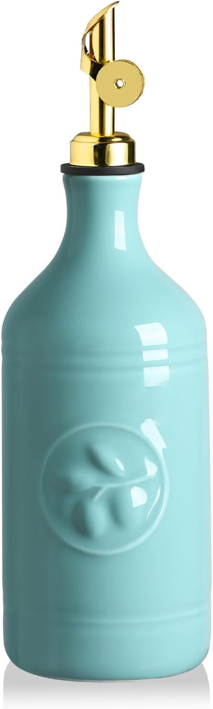 Sweejar 16 Oz Ceramic Olive Oil Dispenser Bottle, Oil Dispenser for Kitchen with Gravity Spout, Relief Opaque Vinegar Container for Evoo, Soy Sauce, 1 Pack(Turquoise, Gold Spout)