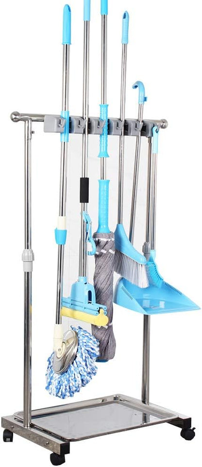 movable mop broom holder put wet mops floor standing cleaning tool rack stainless for schools, hospitals, factories, hotels, restaurant, etc.
