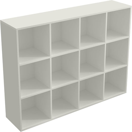 12-Cube Storage Shelf Bookcase - Wooden 3-Tier Floor Standing Open Bookshelf for Home and Office, Display Cabinet, Warm White