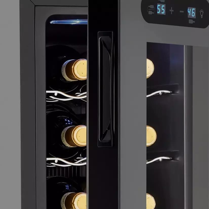 Wine Enthusiast 18-Bottle Slimline Dual Zone Wine Cooler - Energy Efficient Freestanding Wine Refrigerator - Upright Bottle Storage, Adjustable Thermostat, Digital Touchscreen (20.5” x 10.7" x 36.8”)