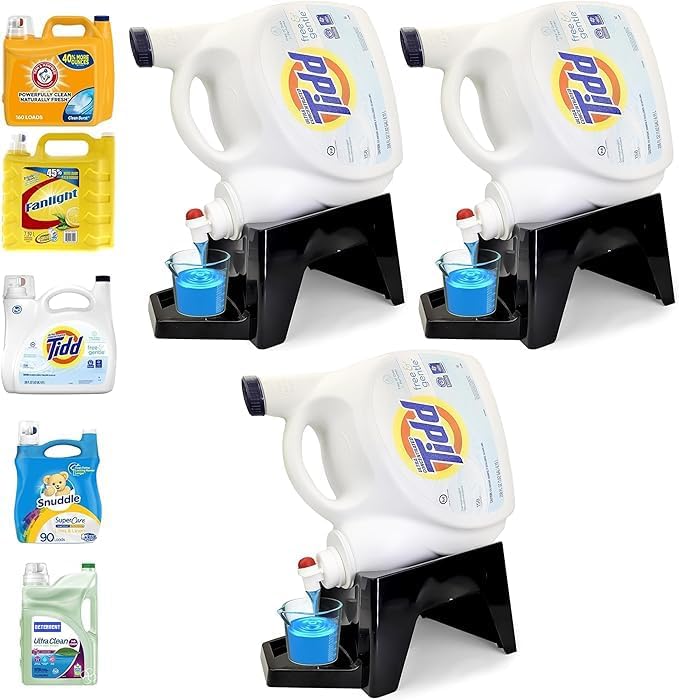 TidyFriend 3 Pack Laundry Detergent Dispenser with Tray & Strap, Laundry Soap Dispenser with Non-Slip Rubber Feet for Washing Room Organization, Easy Pour (Black)