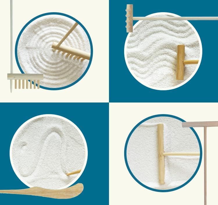 Threeheng Mini Japanese Zen Sand Garden Kit for Desk, Muti-Functional Sand Tray Therapy Kit with Bamboo Tray - Includes Ball Insense Holder Crystals and More for Meditation, Gifts (Bamboo)