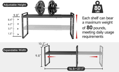 Hole Pattern Expandable Shelf Organizer,2Pack 8.1" Wide Easy to Assemble Cabinet Organizer Shelf, 16.5~27.1" Adjustable Height&Stackable Spice Organization for Cupboard, Black