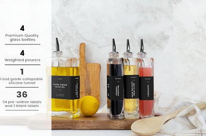 Molimoli Olive Oil Dispenser Bottle for Kitchen, Automatic Pourer, Glass Dispenser for Kitchen, Olive Oil Cruet, | Set of 4 - Black